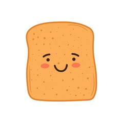 Cute slice of bread isolated on white. Funny toast character with smile. Kawaii food element for breakfast or lunch. Cartoon sandwich clipart. Vector illustration