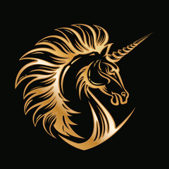 Angry Unicorn head. Golden emblem. Fury Magic animal glitter illustration. Vector art for icon, apparel print, insignia, mascot, sport or game team emblem, fairy tale book