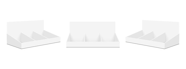 Blank Display Carton Counters Set, Front and Side View, Isolated on White Background. Vector Illustration