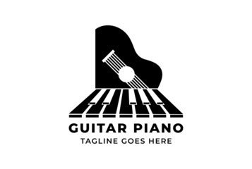 Guitar Strings with Piano Key Music Instrument Logo Design Vector