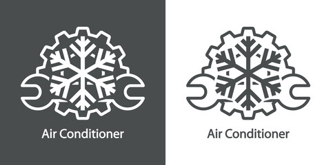 Reparación y servicio de aire acondicionado. Logo con texto Air Conditioner con llave, copo de nieve y rueda dentada con líneas en fondo gris y fondo blanco