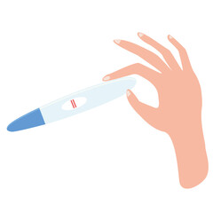 A beautiful female hand is waiting for a pregnancy test with a positive result in the form of two lines. Child planning, motherhood and healthcare concept. Flat cartoon illustration.