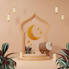 3d rendering image of ramadan and eid fitr theme podium background with islamic decoration objects