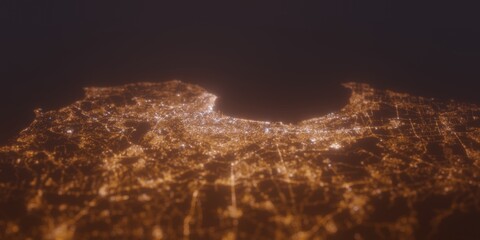 Street lights map of Algiers (Algeria) with tilt-shift effect, view from south. Imitation of macro shot with blurred background. 3d render, selective focus