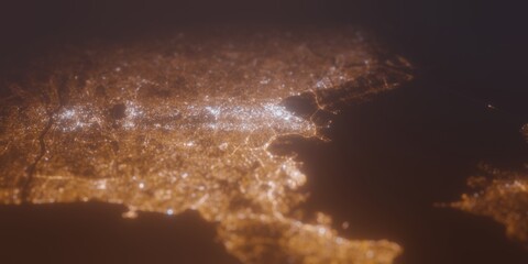 Street lights map of Yokohama (Japan) with tilt-shift effect, view from south. Imitation of macro shot with blurred background. 3d render, selective focus