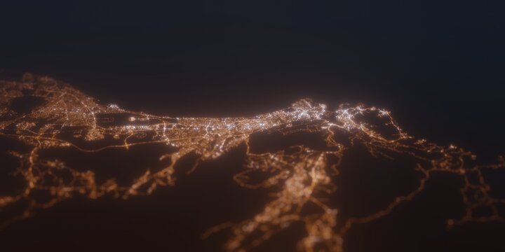 Street lights map of Mascat (Oman) with tilt-shift effect, view from south. Imitation of macro shot with blurred background. 3d render, selective focus