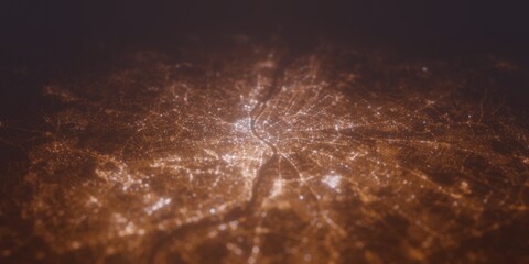 Street lights map of Budapest (Hungary) with tilt-shift effect, view from south. Imitation of macro shot with blurred background. 3d render, selective focus