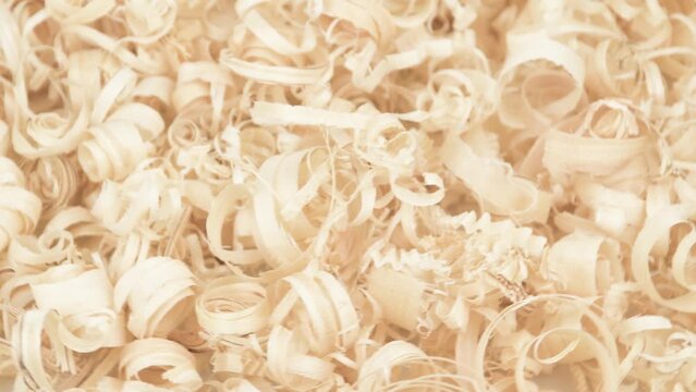A pile of sawdust is spinning. View from above. Lots of light wood shavings from woodworking.
