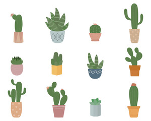 Cute cactus plant in pots.  Indoor plants in a flat style. Vector illustration set.
