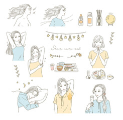 ビューティー　健康に気を配る女性のイラストレーションセット