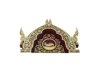 Golden red gable temple stucco decorative on wood entrance arches with serpent king statue (naga), fish and floral isolated on white background , clipping path