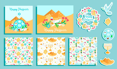 Fototapeta na wymiar Passover vector design set, postcards, seamless patterns and stickers.