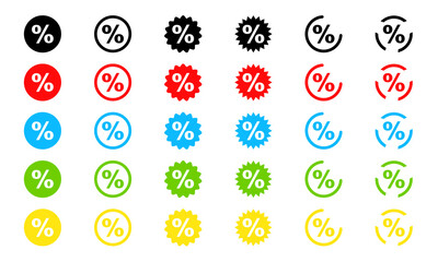 Percent icons colored vector set. Discount or coupon line icons. Sign percentage.