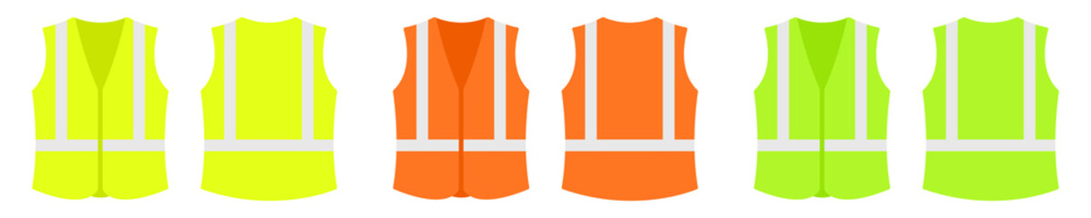 Road vest with reflective stripes. Set of safety vest : green, orange and yellow color. Mockup worker uniform.
