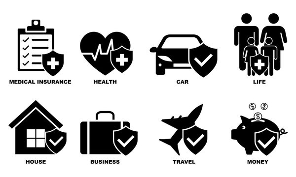 Set with insurance vector icons. Collection black icons with insurance. Medical shield.