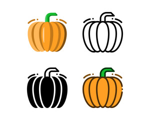 Pumpkin icon. With outline, glyph, filled outline and flat styles