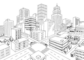 City top view from above aerial crossroad street graphic black white sketch illustration vector 