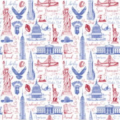 United states of america country theme symbols seamless pattern. Retro sketch background