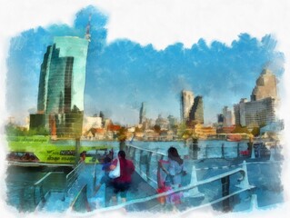 Obraz premium The landscape of the Chao Phraya River and the skyscrapers of Bangkok in Thailand watercolor style illustration impressionist painting.
