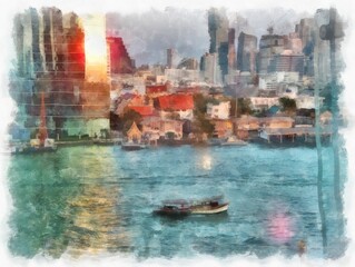 The landscape of the Chao Phraya River and the skyscrapers of Bangkok in Thailand watercolor style illustration impressionist painting.