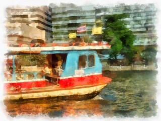 Fototapeta na wymiar Boats on the Chao Phraya River of Bangkok in Thailand watercolor style illustration impressionist painting.