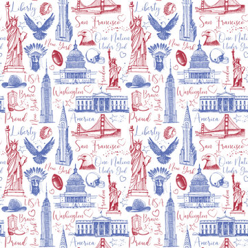 United states of america country theme symbols seamless pattern. Retro sketch background
