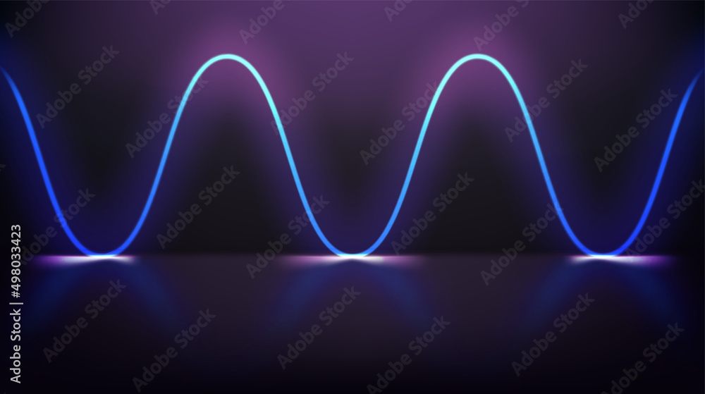 Poster dark room with waving glowing neon with mirror on a floor. 3d vector premium showcase for display pr