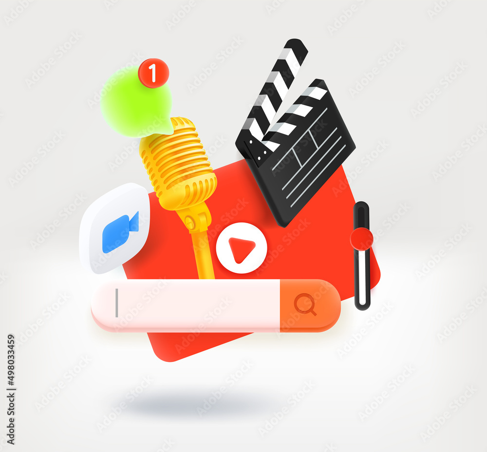Poster searching video and audio podcast in internet. 3d vector concept