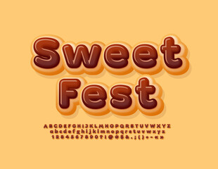 Vector tasty logo Sweet Fest. Delicious baked Font. Kids Alphabet Letters and Numbers set