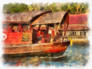 Obraz premium Boats on the Chao Phraya River of Bangkok in Thailand watercolor style illustration impressionist painting.