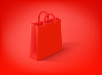 Red shopping bag on red background. 3d vector illustration