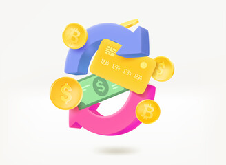 Cashback concept with money and arrows. 3d vector illustration