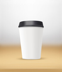 Coffee cup on a wood table. Vector 3d illustration