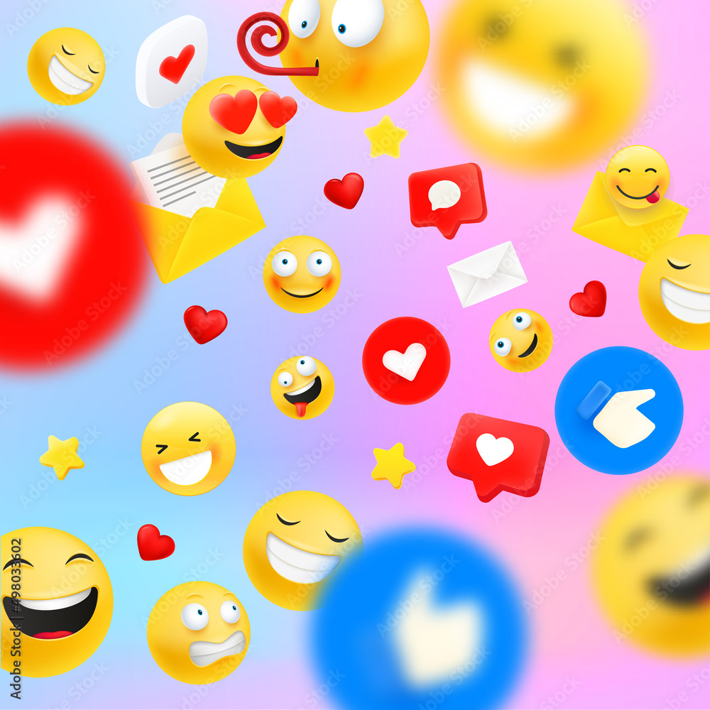 Poster social network communication concept with different emoji and icons. square orientation