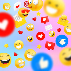 Social network communication concept with different emoji and icons. Square orientation