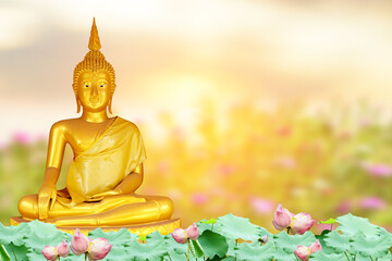 Buddha statue. background blurred flowers and sky with the light of the sun.      