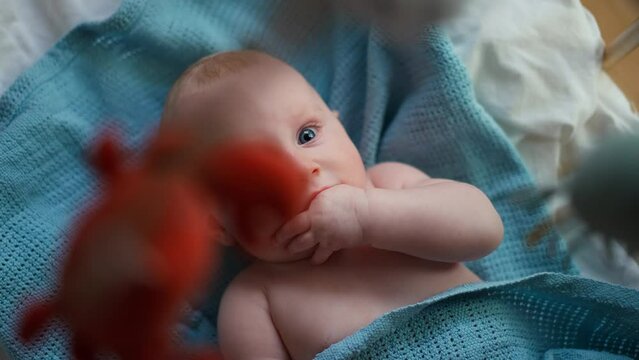 Little cute causian baby boy, smiling at camera, boy looks at the toy and is delighted. 