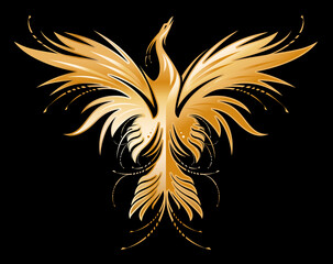 Obraz premium Stylized image of golden Phoenix silhouette on dark blue background. Vector illustration template for print, tattoo, mascot