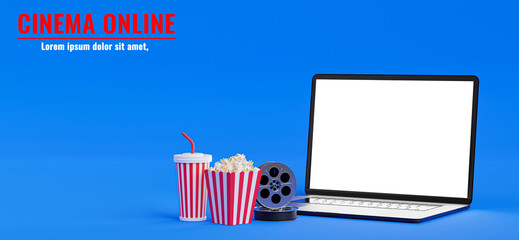 3d render of laptop with cinema time,snack,reel film,on blue background.