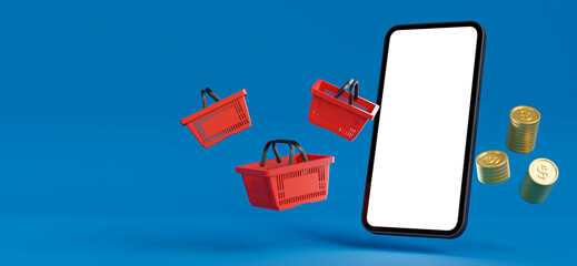 3d render of Smartphone with basket shopping online concept on blue background.