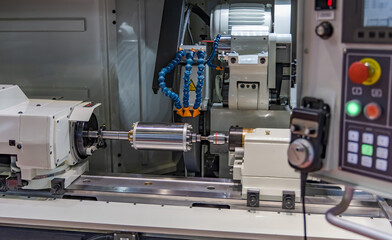 Metalworking CNC milling machine. Cutting metal modern processing technology.