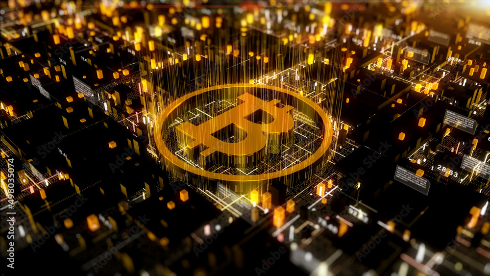 Poster golden bitcoin on circuit board, bitcoin cryptocurrency digital money exchange concept. blockchain t