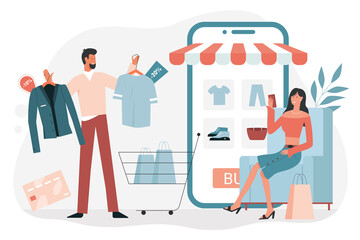 Sales in online retail shop and happy couple of customers. Tiny man holding clothes with discount on hangers to choose and buy gift, woman sitting on chair flat vector illustration. Shopping concept