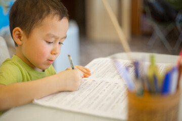 A little asian boy is doing solfeggio and music lessons