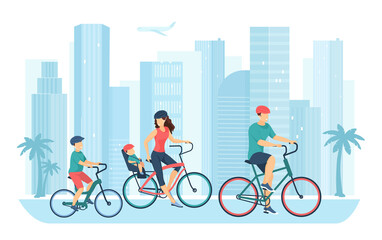 Big active family with kids ride bicycles on city street. Group of happy cyclists traveling, young parents and children enjoy fun weekend flat vector illustration. Sport, healthy lifestyle concept