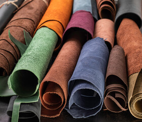 The pieces of the colored leathers. Raw materials for manufacture of bags, shoes, clothing and...