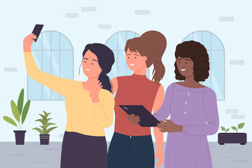 Smiling female friends taking a selfie photo. Happy girls group shooting moment flat cartoon vector illustration