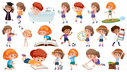 Set of children doing different activities on white background