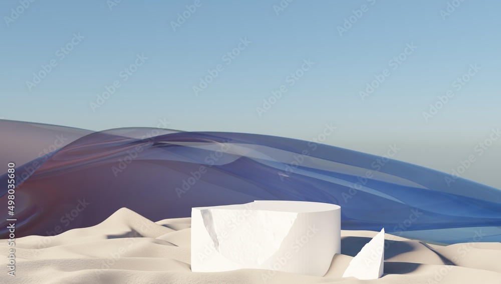 Poster 3d rendering of modern minimal cylindrical podium on a desert landscape. showcase with platform for 