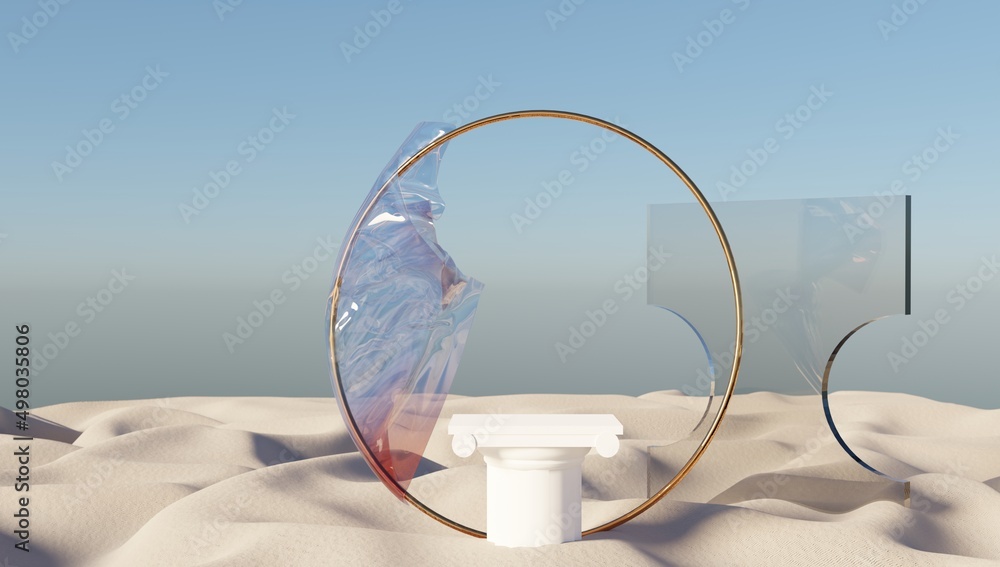 Poster 3d rendering of modern minimal cylindrical podium with golden round frame on a desert landscape. sho